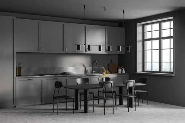 Cuarto Cocina Gris Oscuro Con Cocina Suelo Mármol Gris Mesa — Foto de Stock