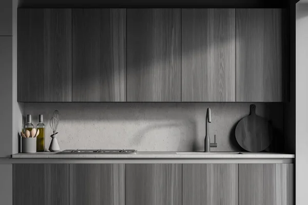 Moderne Kücheneinrichtung Mit Grauen Wänden Grauen Holzarbeitsplatten Mit Eingebauter Spüle — Stockfoto