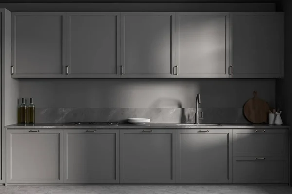 Donkergrijze Minimalistische Keukenset Met Inbouwapparatuur Planken Vooraanzicht Grijze Luxe Keuken — Stockfoto