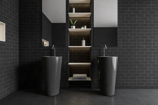 Zwarte Bakstenen Badkamer Met Twee Zwarte Aparte Wastafels Planken Met — Stockfoto