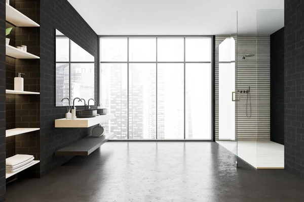 Black Brick Bathroom Shower Front View Sinks Mirrors Window Modern — Stock Photo, Image