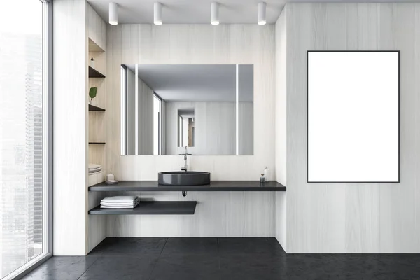 Leinwandattrappe Schwarz Weißen Badezimmer Mit Waschbecken Und Spiegel Fensternähe Modernes — Stockfoto