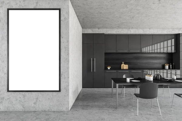 在黑色和灰色的简约厨房 前视图 餐桌与椅子的软垫画框 桌上有大理石现代厨房的盘子 3D显示没有人 — 图库照片