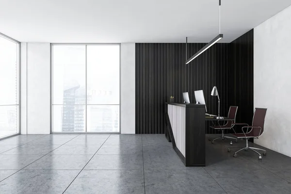 Grey and wooden reception room with two computers, tiled marble floor and windows with city view, side view. Reception entrance with office desk, marble floor 3D rendering no people