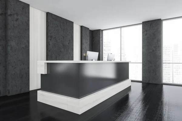 Grey and white reception room in business office, office desk with computers on parquet floor, side view, near window. Minimalist dark entrance room, 3D rendering no people