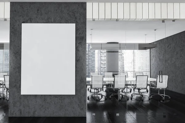Mockup canvas in black conference room with white armchairs and wooden table. Office minimalist furniture behind glass doors in business office, 3D rendering no people