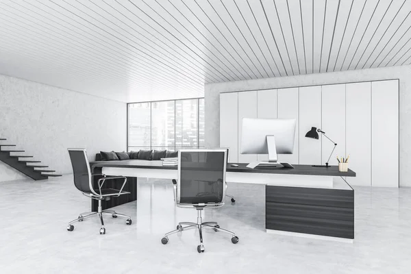 白色和黑色的办公室 有黑色的扶手椅 黑色的桌子 有电脑在大理石地板上 最低限度的咨询商业室 3D渲染没有人 — 图库照片