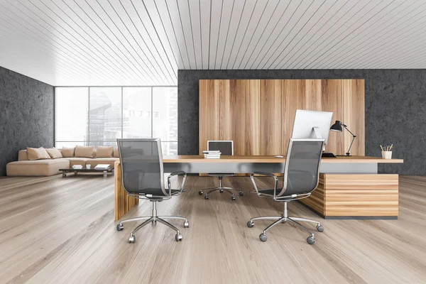 Wooden Black Office Room Armchairs Wooden Table Computer Parquet Floor — Stock Photo, Image