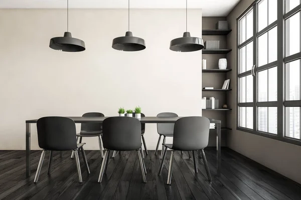 Bílý Černý Obývací Pokoj Židlemi Stolem Černé Parketové Podlaze Přední — Stock fotografie