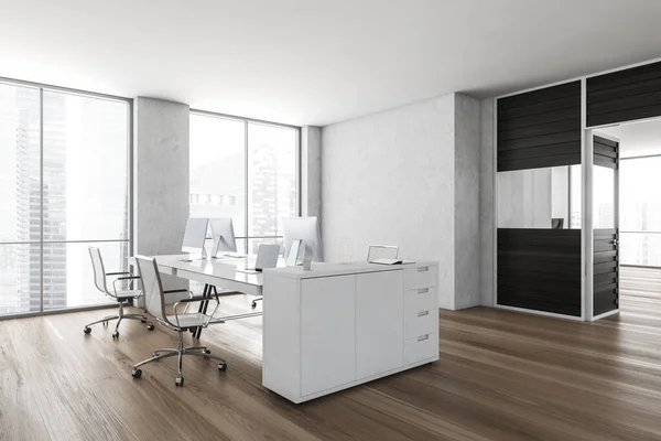 Coworking Interior Oficina Con Vistas Panorámicas Ciudad Muebles Equipos Concepto — Foto de Stock