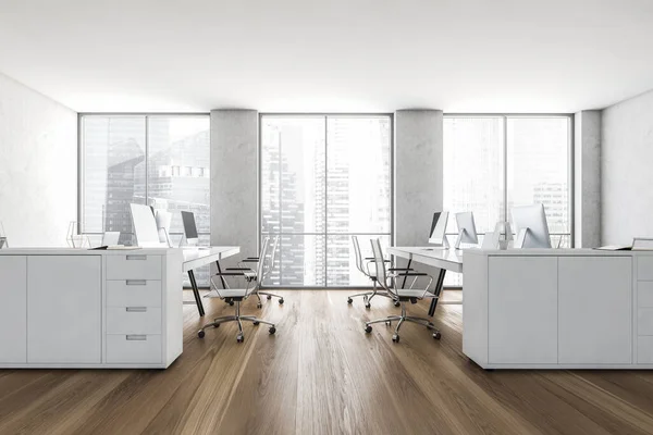 Coworking Büroeinrichtung Mit Panoramischem Blick Auf Die Stadt Möbel Und — Stockfoto