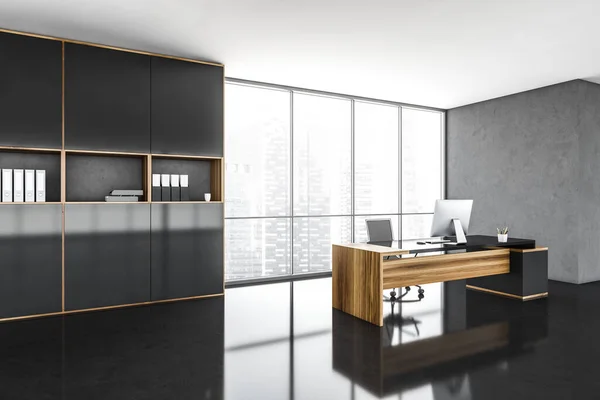 Ceo Office Interior Wooden Table Computer Standing Black Floor Rendering — Stock Photo, Image