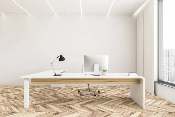 Blanco Madera Sala Oficina Negocios Con Muebles Minimalistas Mesa Con —  Fotos de Stock