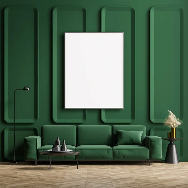 Mock Affisch Det Inre Vardagsrummet Med Grön Vägg Och Soffa — Stockfoto