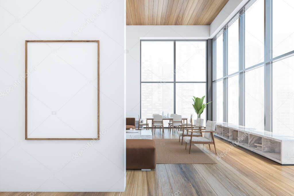 Modern office waiting area with grey armchairs and sofa, a marble coffee table, wooden parquet. Panoramic city view windows. Hotel relax area. Canvas poster on wall. 3d rendering mock up.