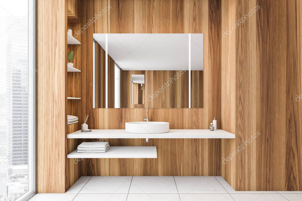 Wooden and white bathroom with sink and mirror near window. Modern design of bathroom with shelves, 3D rendering no people