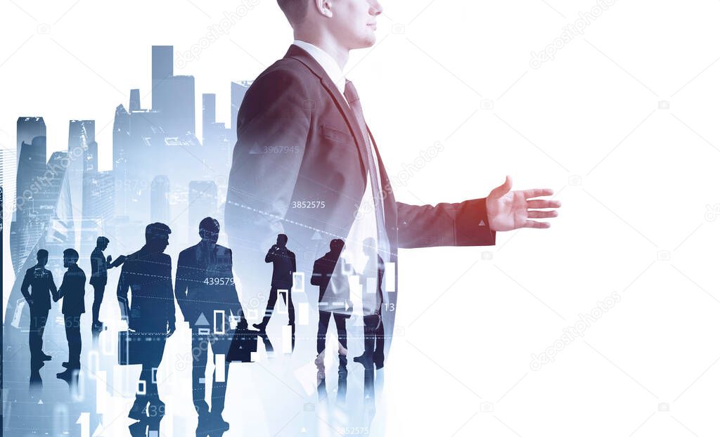 Businessman silhouette in formal suit holds out his hand for a handshake. Corporate culture concept. collegues are on background. Double exposure.
