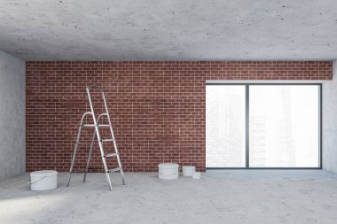 Boya kovası döşeme ve merdivenlerle tamir için gri, boş bir salon. Pencereli büyük odada kırmızı tuğla ve beton duvarlar var. 3D, kimseyi göstermiyor.