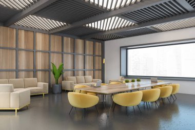 Siyah ve ahşap toplantı odası, sarı koltuklar, kanepe, uzun masa, yan görüş, siyah zemin. Pencereli ahşap ve gri iş odası, 3 boyutlu, kimseyi göstermiyor.