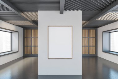Model çerçeve siyah ve ahşap büyük boş ofis odası iş merkezi pencereli. Gri salon, mobilyasız geniş alan, 3 boyutlu görüntü, insan yok.