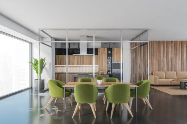 Mutfak ve kanepeli büyük hafif yemek odası, yeşil sandalyeli yemek masası. Siyah mermer zeminde mobilyaları ve mutfağı olan açık bir uzay odası, 3 boyutlu, kimseyi göstermiyor.