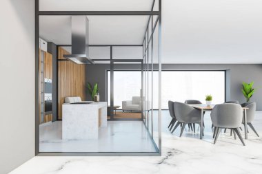 Mutfağı ve sandalyeli yemek masası olan büyük bir yemek odası. Cam kapılar ardında mobilya ve mutfak olan açık bir uzay odası, yan görüş, 3 boyutlu görüntüleme.