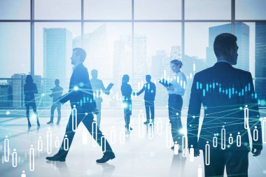 İş adamları panoramik pencereli modern bir ofiste yürüyorlar. Şehir merkezi arka planı. İş hayatı kavramı. Renkli resim çift pozlama