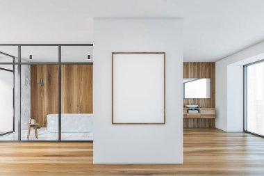 Modern banyo, beyaz mermer posterli, ahşap duvarlı, üzerinde büyük ayna ve beyaz küvetli lavabo. Dikey olarak afiş çerçevesi. 3d oluşturma