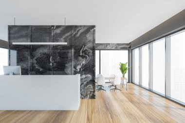 Boş ofis, bilgisayar ve Marbel duvarlı resepsiyon masası. Panoramik pencere, toplantı odası arkada. Şehir manzaralı. 3d oluşturma.