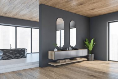 Siyah ve ahşap banyo iki lavabo ve oval aynalar, yan görüş, parke zemin ve pencerenin yanında beyaz küvet. Köşeye yerleştir, 3 boyutlu, kimseyi ele verme.