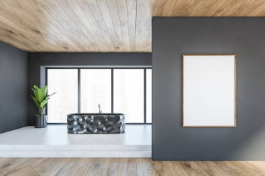 Ahşap ve siyah banyoda, beyaz zeminde siyah küveti, şehir manzaralı penceresi ve köşede bitkisi olan bir çerçeve. 3 Boyutlu İşlem Yok