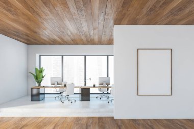 Minimalist mobilyalar, masa, ahşap sandalyeler ve bilgisayarlar olan ahşap ofis odasındaki maket çerçeve tuval. Modern mobilyaları ve bitkileri olan yönetici danışma odası, 3 boyutlu, kimseyi göstermiyor