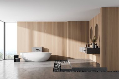 Açık ahşap banyo, mermer zemin, beyaz küvet ve yuvarlak aynalı iki lavabo. Minimalist ahşap banyo, modern mobilya ve pencere, 3D, kimseyi göstermiyor.