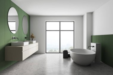 Beyaz ve yeşil banyo, beyaz küvet, ön manzara, pencerenin yanındaki lavabo ve aynalar. Modern mermer banyonun minimalist tasarımı. 3D görüntüleme, insan yok.
