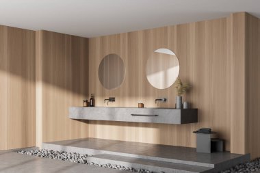 İki lavabo ve aynalı açık ahşap banyo, yan görüş. Modern banyonun minimalist bej tasarımı. Gri mermer ve taşları var. 3 boyutlu, insan yok.