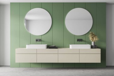 Yeşil duvarda beyaz lavaboları ve aynaları olan açık bir banyo, ön manzara. Modern mermer banyonun minimalist tasarımı. 3D görüntüleme, insan yok.