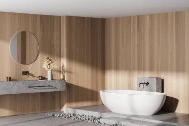 Açık ahşap banyo, mermer zemin, beyaz küvet ve yuvarlak aynalı iki lavabo. Minimalist ahşap banyo, modern mobilya ve pencere, 3D, kimseyi göstermiyor.