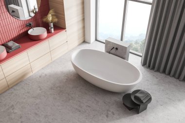 Beyaz küvetli ve pencerenin yanında iki tane kırmızı lavabo olan açık renk banyo manzarası. Modern mermer banyonun minimalist tasarımı, 3D görüntüleme, insan yok.