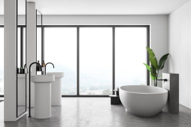 Aynalı iki ayrı lavabo, pencerenin yanındaki mermer zeminde beyaz küvet. Beyaz ve gri banyo mobilyalarının yan görünüşü, 3 boyutlu, kimseyi göstermiyor