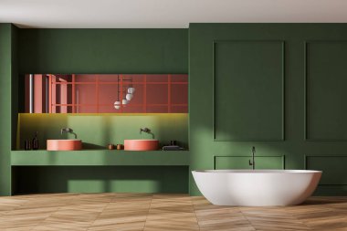 Yeşil ve şeftali rengi banyo, iki lavabo ve beyaz küvet, ön manzara. Modern parke banyonun minimalist tasarımı, 3D görüntüleme, insan yok.