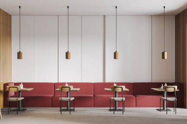 Ahşap ve kırmızı kafeli sandalyeli ve masalı, kırmızı kanepeli. Açık uzay restoranında koltuklar, lambalı ahşap minimalist mobilyalar, 3 boyutlu görüntüler.