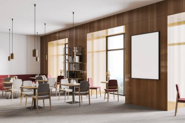 Açık uzay kafesinde, sandalyeli, masalı, ahşap ve beyaz restoran tasarımlı bir çerçeve. Tahta sandalyeler ve lambalı masa, 3 boyutlu, kimseyi göstermiyor.