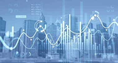Finansal tablo panoramik New York şehri manzarası üzerinde. NYC 'de uluslararası danışmanlık kavramı. Hologram dünya haritası. Çift Pozlama.