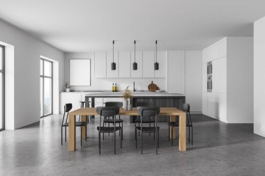 Beyaz gri duvarları, beton zemini ve gri tezgahı olan modern mutfak. Yanında sandalyeler olan uzun bir masa. Duvara bir poster asacağım. 3d oluşturma