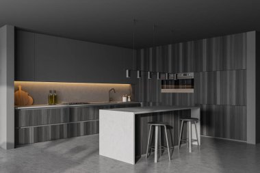 Gri mutfak odası, yemek masası ve bar sandalyeleri, mermer zemin, yan manzara. Mutfak açık uzay odası, kitaplık, ahşap siyah mobilyalar, 3 boyutlu hiçbir insan yok.