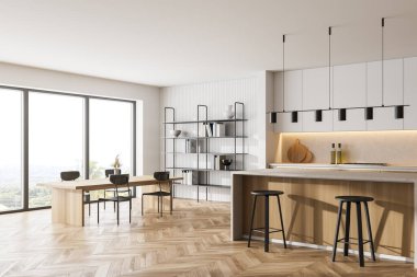 Ahşap mutfak odası, yemek masası, sandalyeler, parke zemin, yan manzara. Kitaplığı ve penceresi olan açık mutfak odası, açık ahşap mobilyalar, 3D görüntüleme