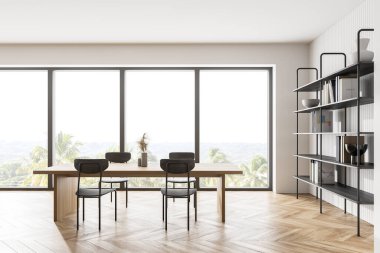 Ahşap mutfak odası, yemek masası pencere kenarında sandalyeler, parke zemin. Kitaplığı ve penceresi olan açık mutfak odası, açık ahşap mobilyalar, 3D görüntüleme