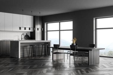 Siyah parke zemininde mutfağı olan koyu gri mutfak odası. Sandalyeli yemek masası, dağ manzaralı pencere, 3 boyutlu görüntüleme