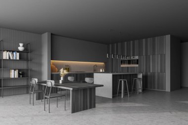 Gri mutfak odası, yemek masası, sandalyeler, mermer zemin, yan manzara. Mutfak açık uzay odası, kitaplık, ahşap siyah mobilyalar, 3 boyutlu hiçbir insan yok.