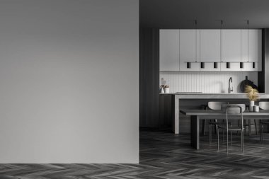 Mutfağı siyah parke zemininde olan gri mutfak odasındaki fotokopi odası. Sandalyeli yemek masası, 3 boyutlu görüntüler, insan yok.